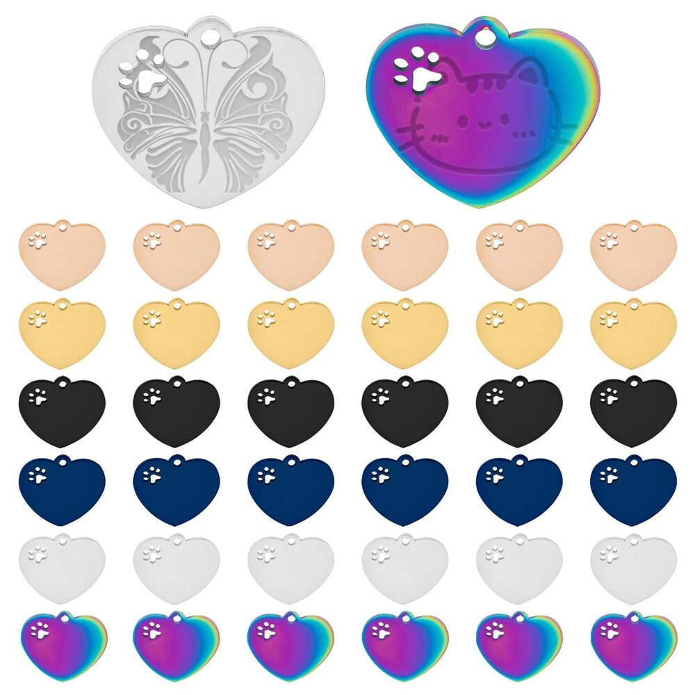 1992 30 Pack Engraving Stainless Steel Charms Heart Shape Pet ID Tags
